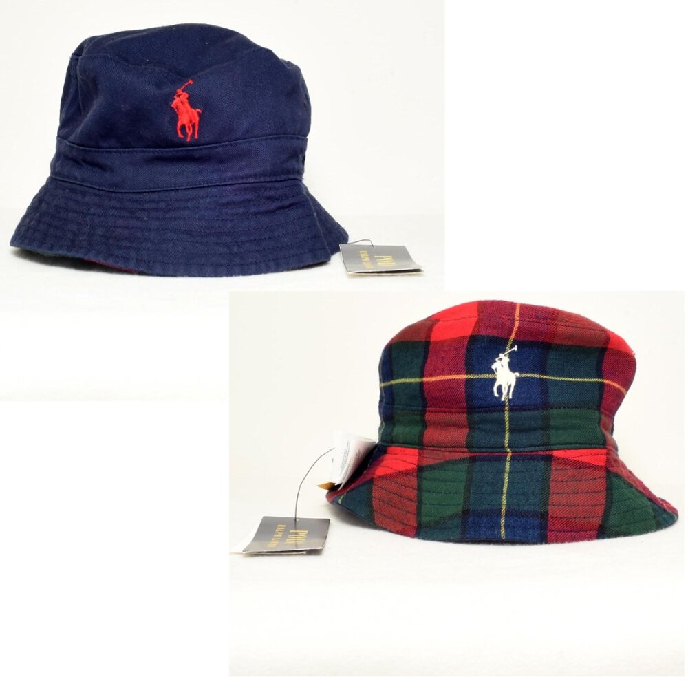 POLO RALPH LAUREN Plaid Navy Red Reversible Bucket Hat Adult Size Small /Medium
